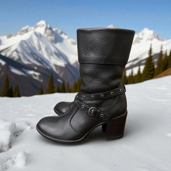 Born Boots Gilary Style Black Leather, Chunky Heel, Cuffed, Moto - Picture 4 of 8